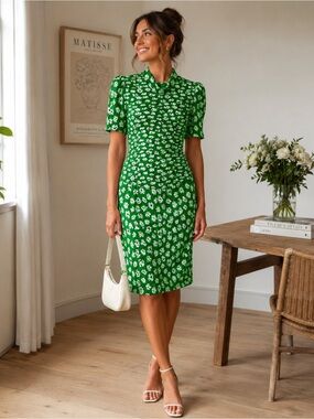 Luciano Choi Green Floral Smocked Sheath Dress Vintage Puff Sleeve Midi